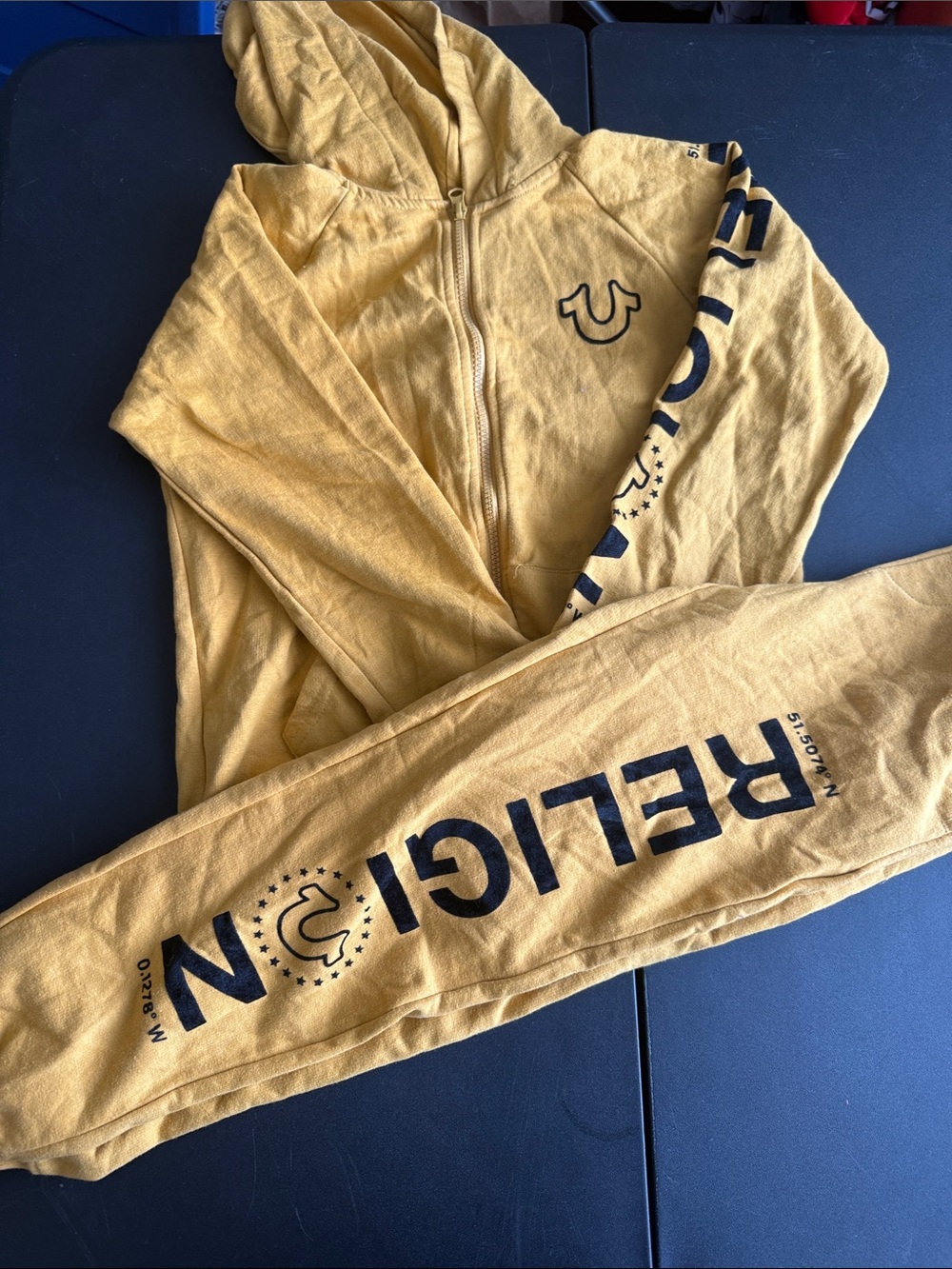 True Religion Mustard Zip Hoodie with Navy Sleeve Logo